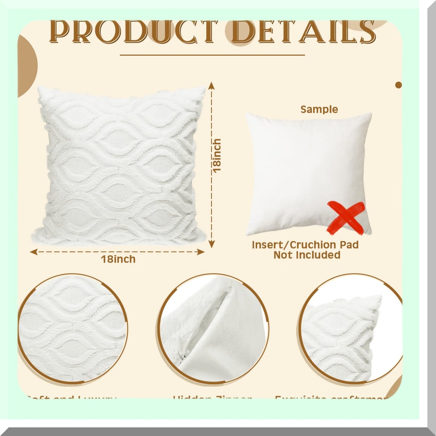 Boho Wool Velvet Pillow Covers - Set of 4 Soft Plush Square Cushion Cases for Couch, Bed, Sofa, Bedroom - 18 x 18 Inch Cream White Decor