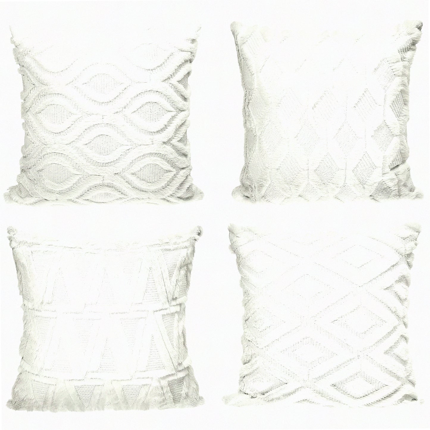 Boho Wool Velvet Pillow Covers - Set of 4 Soft Plush Square Cushion Cases for Couch, Bed, Sofa, Bedroom - 18 x 18 Inch Cream White Decor