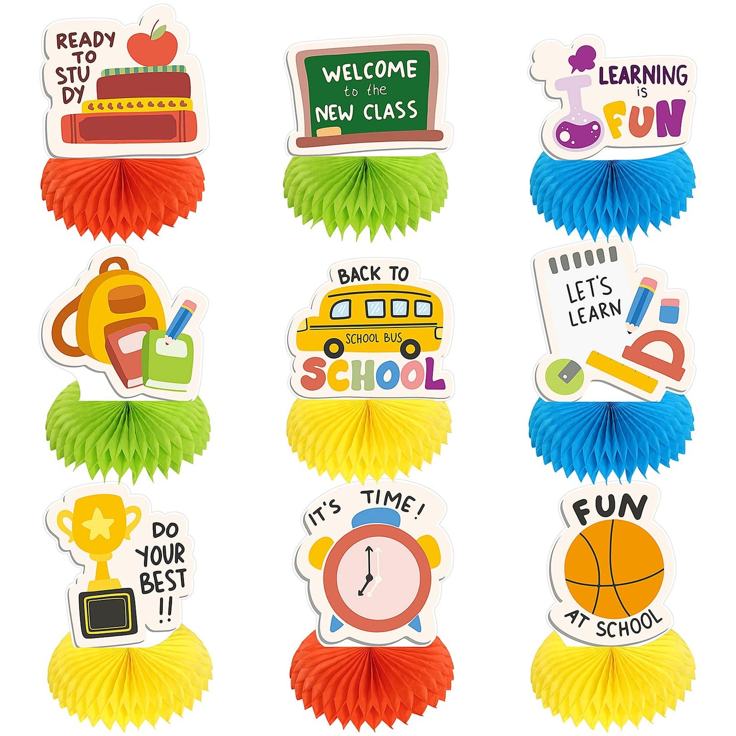 School Bus Honeycomb Table Toppers - Set of 9 | 3D Back to School Centerpieces | Welcome Back Party Supplies | Classroom Decorations | First Day of School Honeycomb Centerpieces