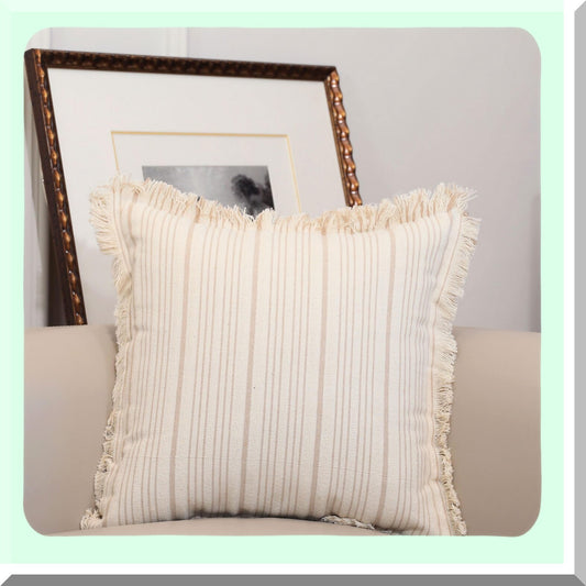 Fringe Stripe Khaki Pillow Cover - Boho Farmhouse Decor - Indoor/Outdoor Accent Cushion Case - Neutral 16x16 Inch Throw Pillow Cover - Set of 1
