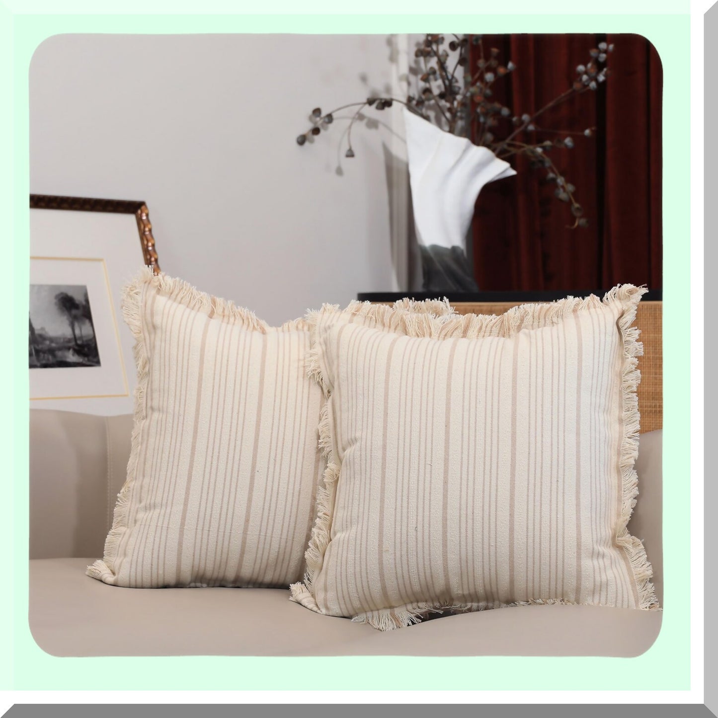 Fringe Stripe Khaki Pillow Cover - Boho Farmhouse Decor - Indoor/Outdoor Accent Cushion Case - Neutral 16x16 Inch Throw Pillow Cover - Set of 1