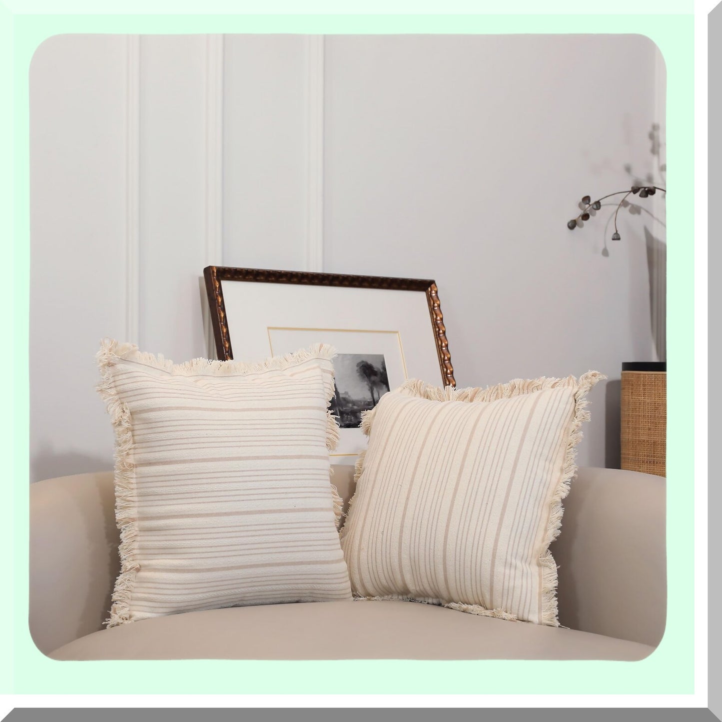 Fringe Stripe Khaki Pillow Cover - Boho Farmhouse Decor - Indoor/Outdoor Accent Cushion Case - Neutral 16x16 Inch Throw Pillow Cover - Set of 1