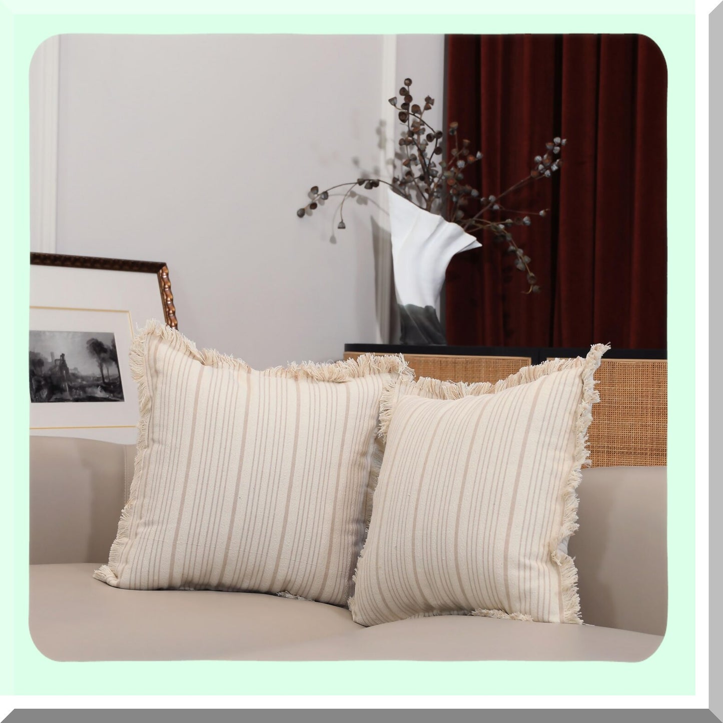 Fringe Stripe Khaki Pillow Cover - Boho Farmhouse Decor - Indoor/Outdoor Accent Cushion Case - Neutral 16x16 Inch Throw Pillow Cover - Set of 1