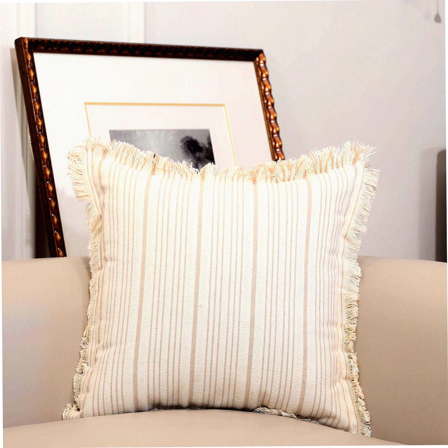 Fringe Stripe Khaki Pillow Cover - Boho Farmhouse Decor - Indoor/Outdoor Accent Cushion Case - Neutral 16x16 Inch Throw Pillow Cover - Set of 1