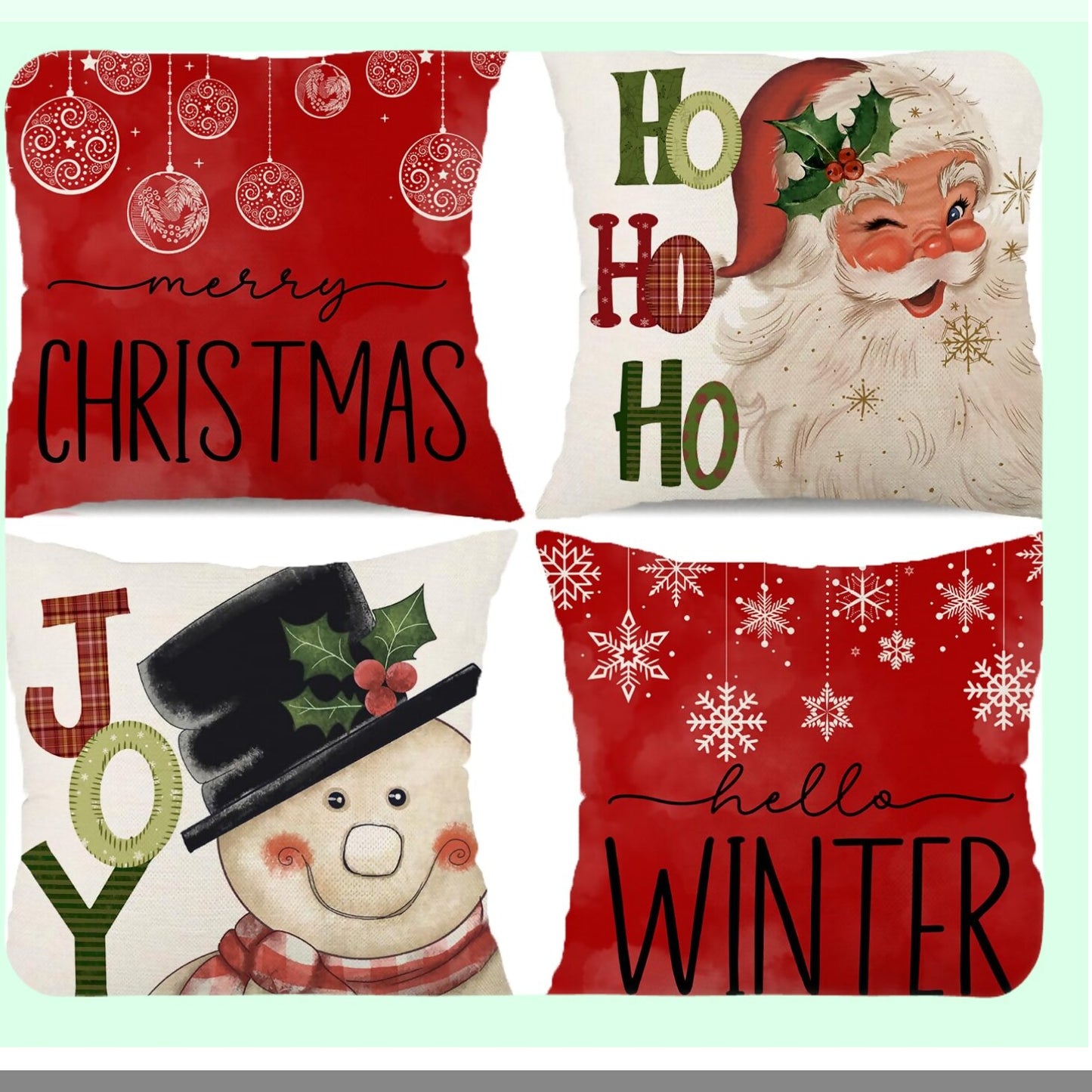 Winter Wonderland Holiday Pillow Covers - Set of 4 Snowflake Snowman Joy Decorative Cushion Cases 18x18 - Farmhouse Christmas Decor FC113-18 Red