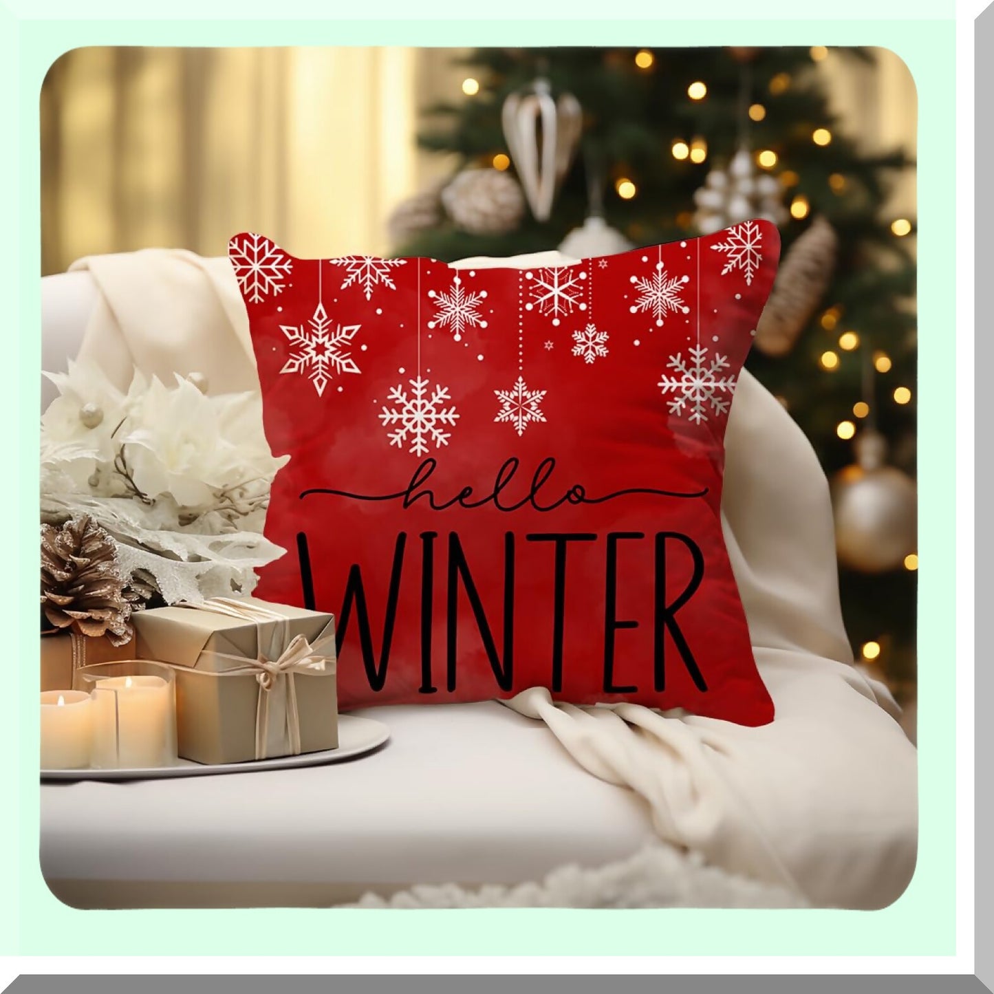 Winter Wonderland Holiday Pillow Covers - Set of 4 Snowflake Snowman Joy Decorative Cushion Cases 18x18 - Farmhouse Christmas Decor FC113-18 Red