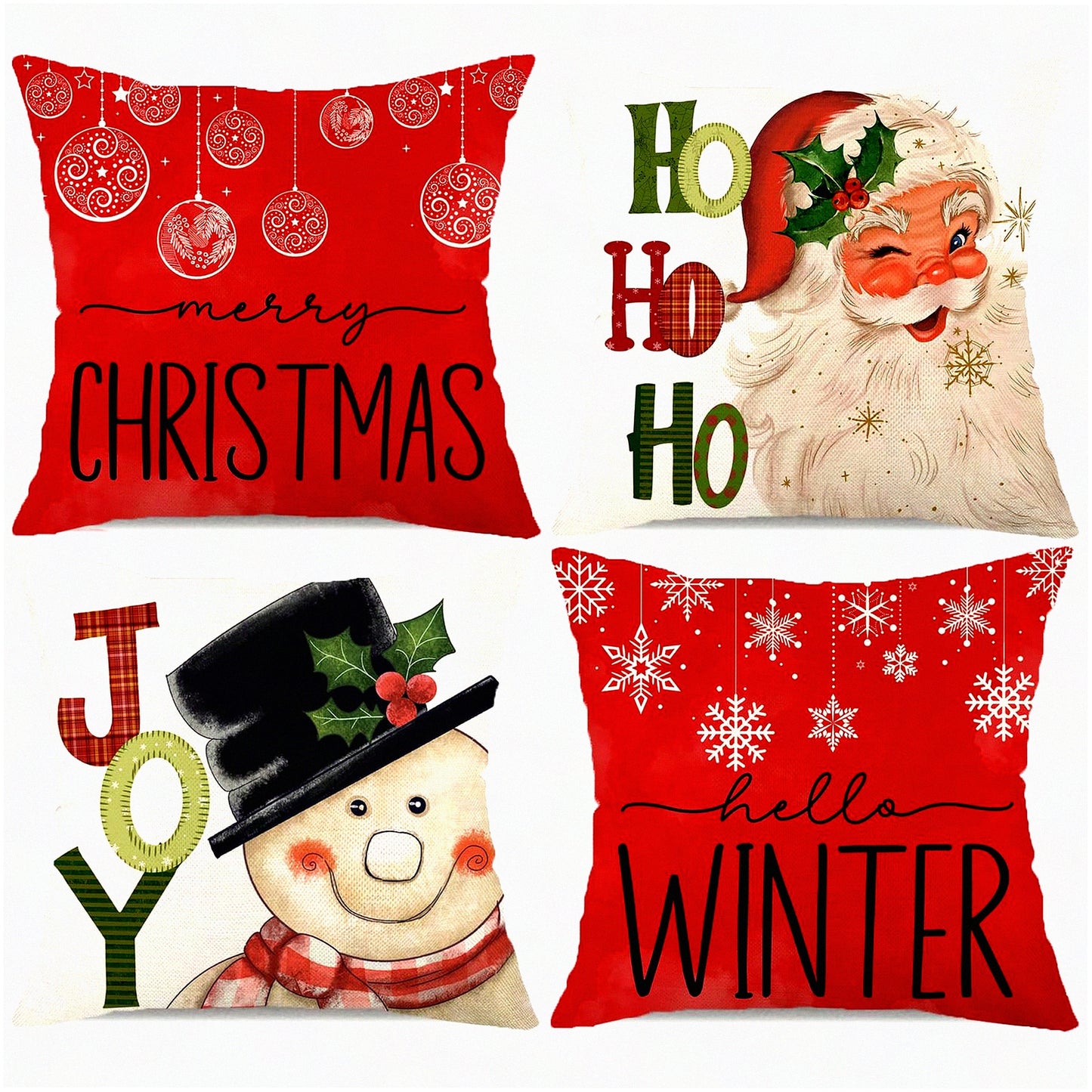 Winter Wonderland Holiday Pillow Covers - Set of 4 Snowflake Snowman Joy Decorative Cushion Cases 18x18 - Farmhouse Christmas Decor FC113-18 Red