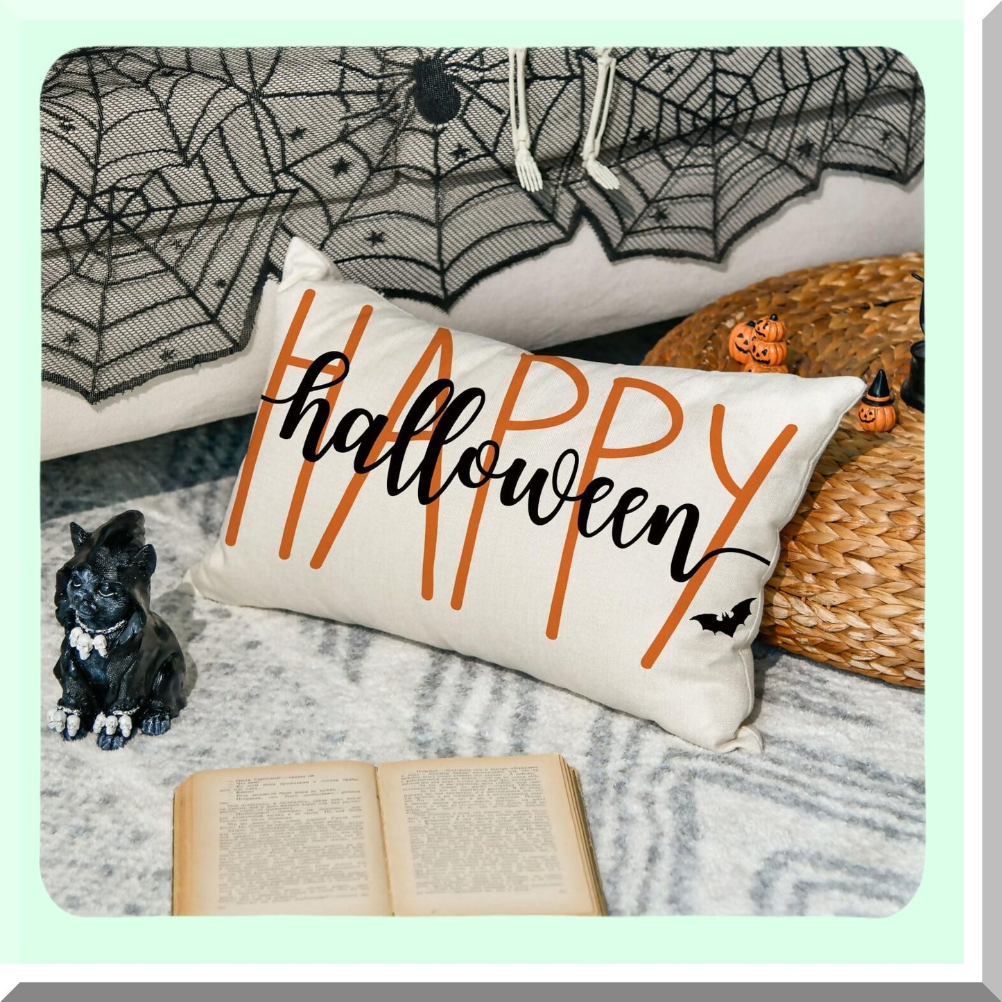 Bat Black Happy Cushion Cover - 12x20 Inch Sofa Decor Case