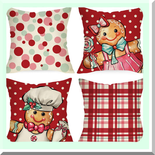 Holiday Cheer Gingerbread Man Pillow Covers - Set of 4, Xmas Polka Dots & Buffalo Plaid Check Red Cushion Cases - Winter Home Decor for Sofa & Couch