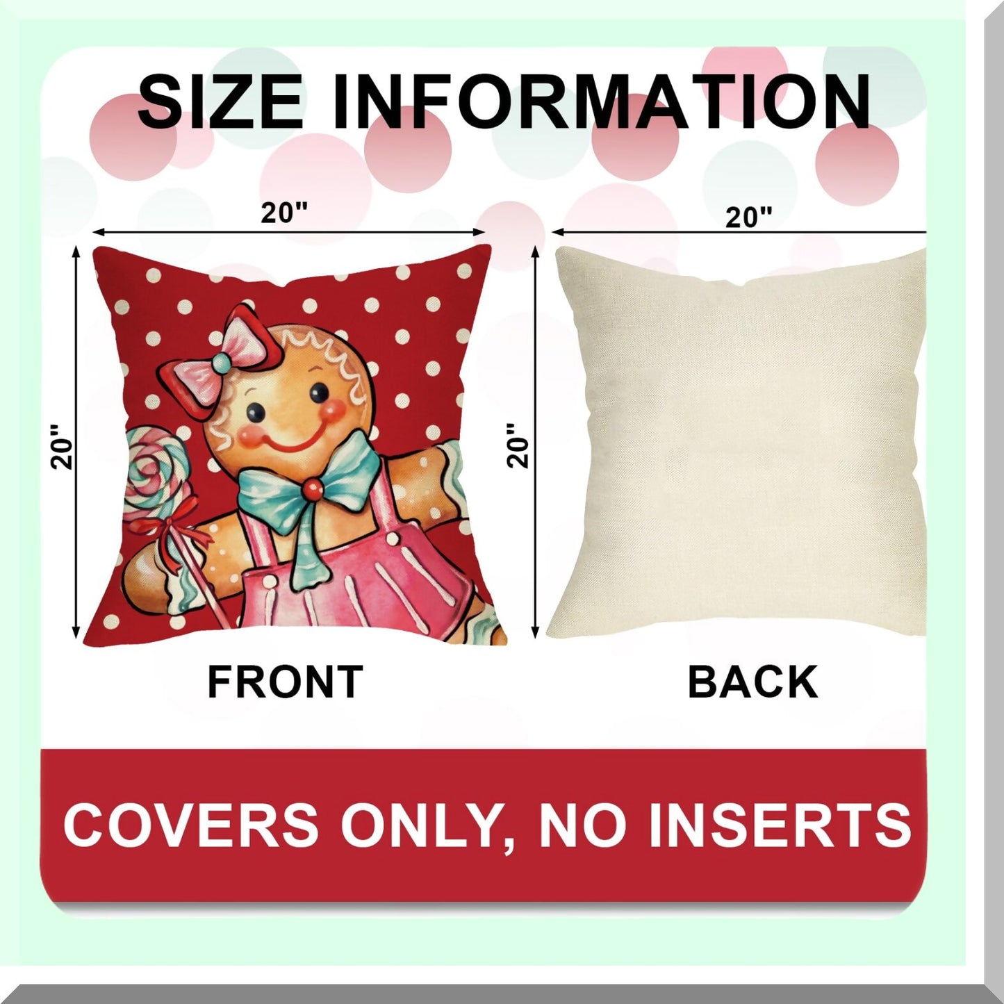 Holiday Cheer Gingerbread Man Pillow Covers - Set of 4, Xmas Polka Dots & Buffalo Plaid Check Red Cushion Cases - Winter Home Decor for Sofa & Couch