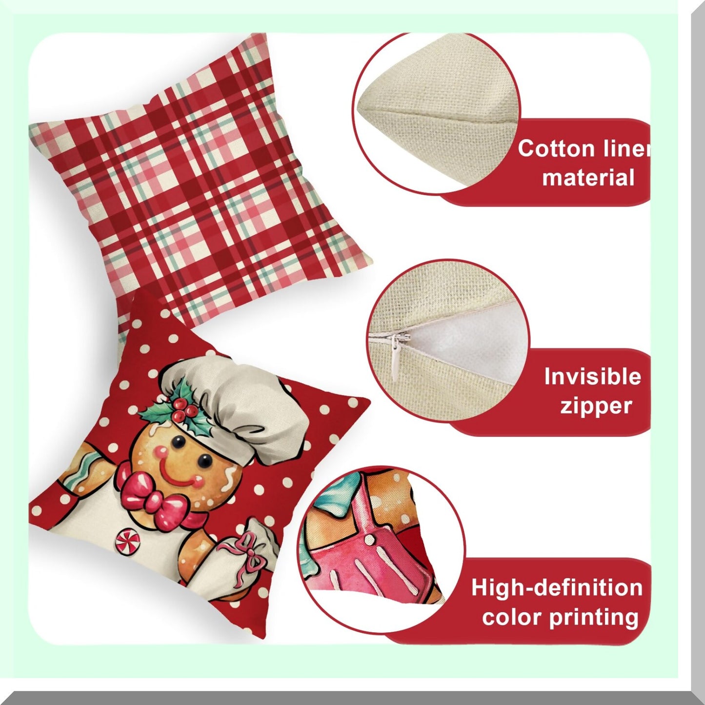 Holiday Cheer Gingerbread Man Pillow Covers - Set of 4, Xmas Polka Dots & Buffalo Plaid Check Red Cushion Cases - Winter Home Decor for Sofa & Couch