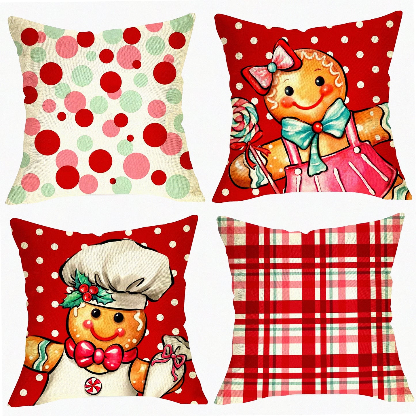 Holiday Cheer Gingerbread Man Pillow Covers - Set of 4, Xmas Polka Dots & Buffalo Plaid Check Red Cushion Cases - Winter Home Decor for Sofa & Couch