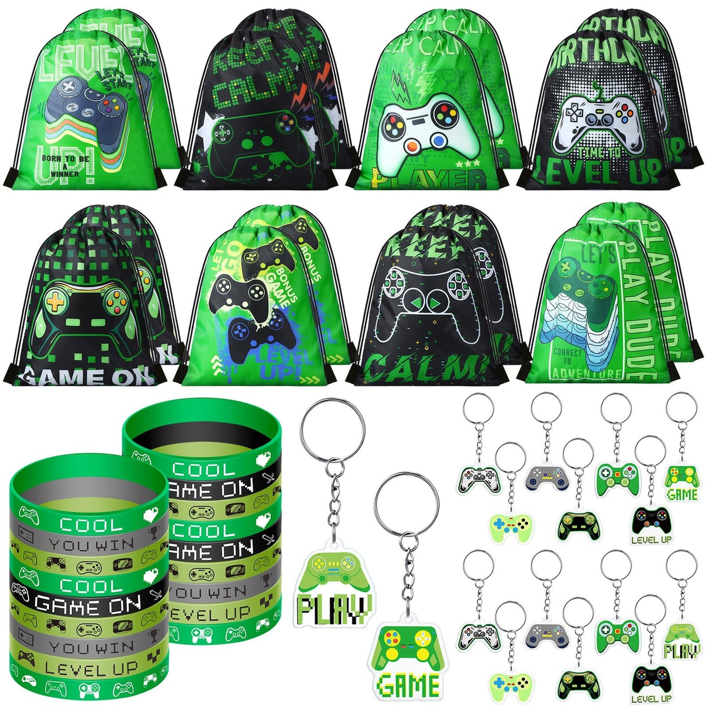 Game On Party Pack - 48 Piece Video Game Favor Set for Boys: Includes 16 Drawstring Bags, 16 Wristband Bracelets, and 16 Keychains. Perfect for Video Game Parties!