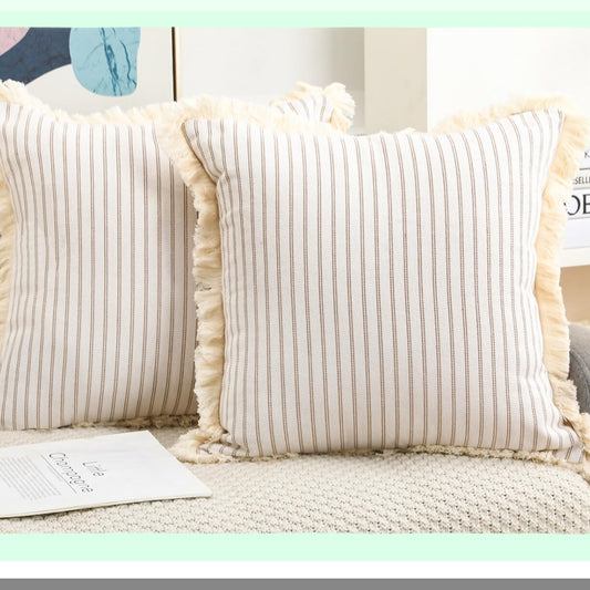 Boho Fringe Cushion Covers - Set of 2, Khaki Cotton Pillow Cases 16x16 for Farmhouse Living Room Decor. Neutral Throw Pillow Cover for Bed Sofa