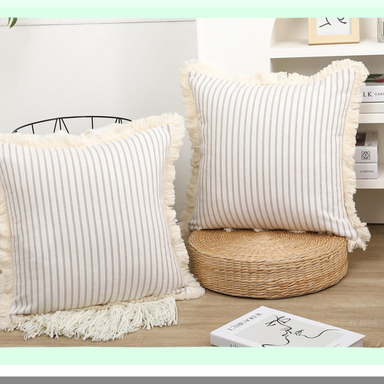 Boho Fringe Cushion Covers - Set of 2, Khaki Cotton Pillow Cases 16x16 for Farmhouse Living Room Decor. Neutral Throw Pillow Cover for Bed Sofa