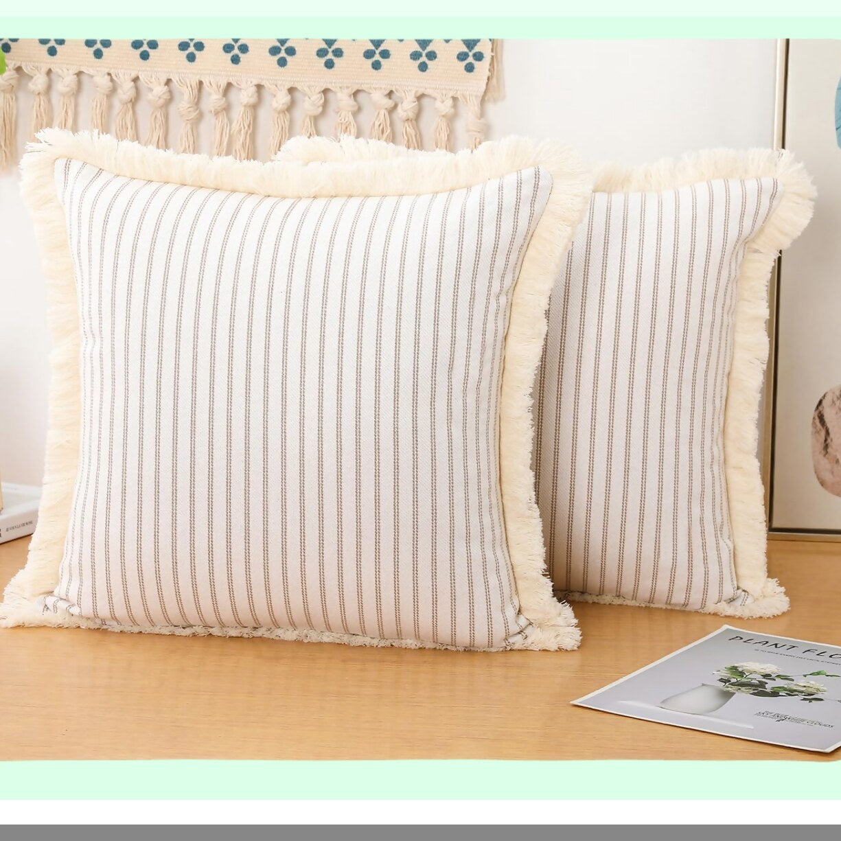 Boho Fringe Cushion Covers - Set of 2, Khaki Cotton Pillow Cases 16x16 for Farmhouse Living Room Decor. Neutral Throw Pillow Cover for Bed Sofa