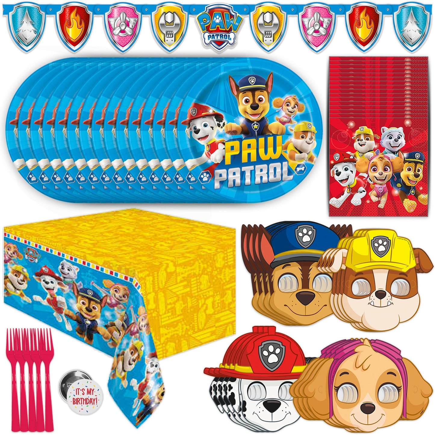 Paw Patrol Party Pack - Complete Paw Patrol Birthday Set with Tablecloth, Plates, Napkins, Forks, and More for 16 Guests - Paw Patrol Decorations