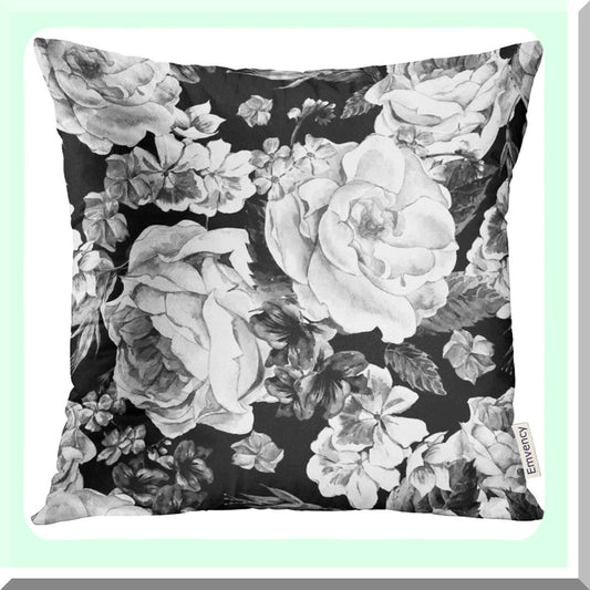 Vintage Floral Watercolor Pillowcase - Black White Roses Daisy Blue Wild Flowers Decorative Cover 18x18 Inches Square Home Decor Bouquet