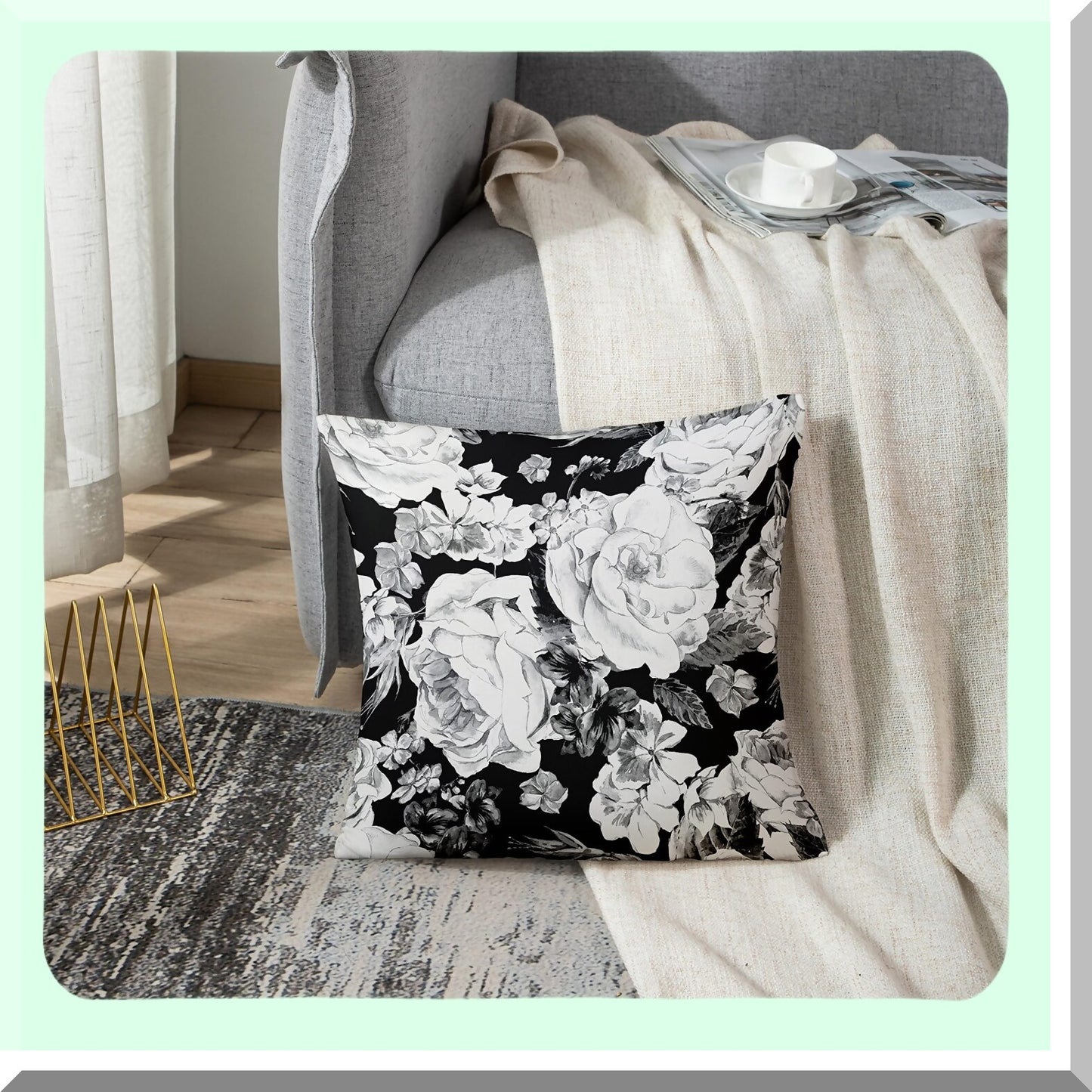 Vintage Floral Watercolor Pillowcase - Black White Roses Daisy Blue Wild Flowers Decorative Cover 18x18 Inches Square Home Decor Bouquet