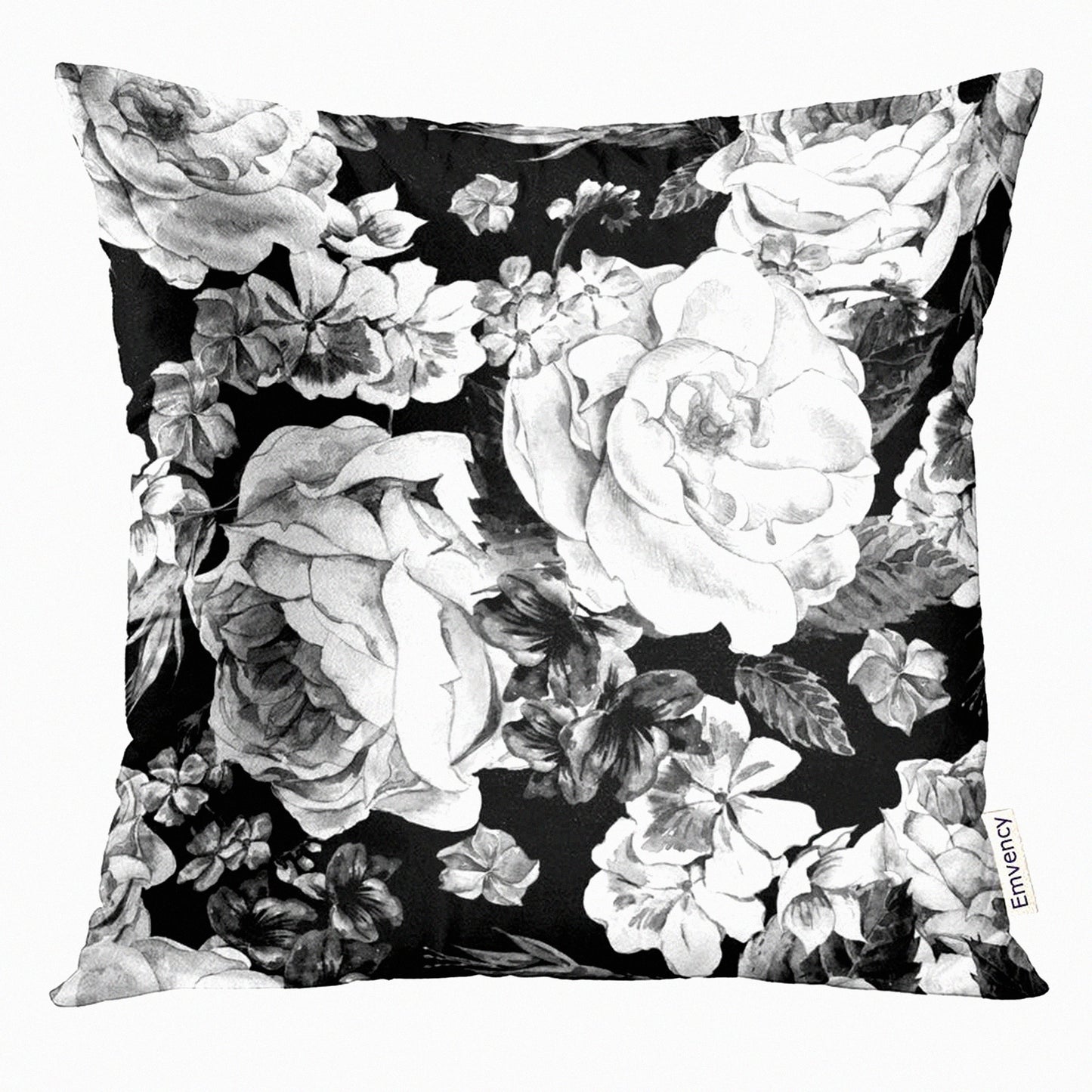 Vintage Floral Watercolor Pillowcase - Black White Roses Daisy Blue Wild Flowers Decorative Cover 18x18 Inches Square Home Decor Bouquet
