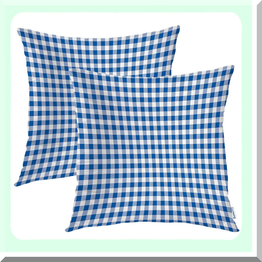Checkered Blue Gingham Pillow Covers - Set of 2 18x18 Inch Double Sided Decorative Throw Pillows Cases - White Fabric Design