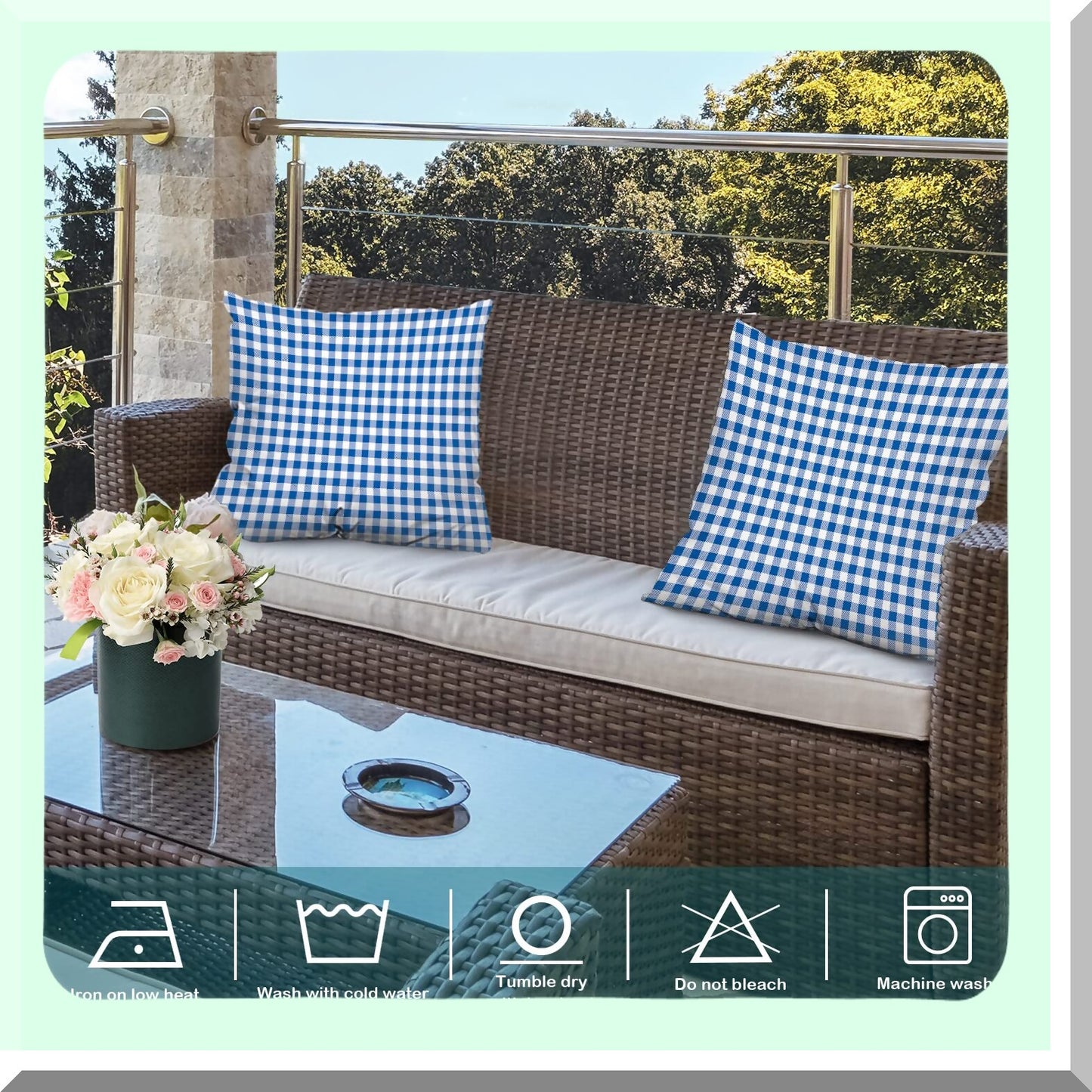 Checkered Blue Gingham Pillow Covers - Set of 2 18x18 Inch Double Sided Decorative Throw Pillows Cases - White Fabric Design