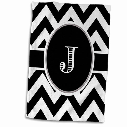 3D Rose Black & White Chevron Monogram Initial J Towel