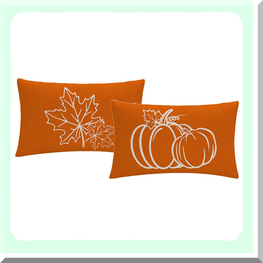 Autumn Harvest Pillow Covers - Set of 2 Fall Leaves & Pumpkin Rectangular Cushion Covers for Thanksgiving Gifts - Farmhouse Decor Pillowcases in Fall Orange