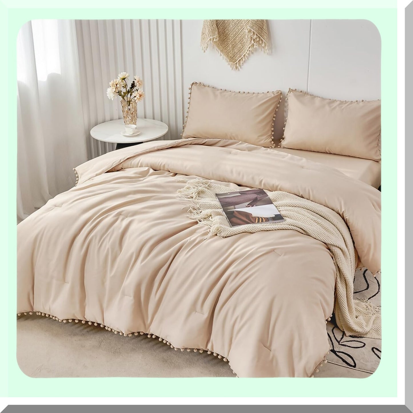 Boho Chic Pom Pom Fringe Comforter Set - Soft Queen Size Bedding with Sheets & Solid Bed in a Bag for Girls & Adults - Khaki Comforter Set