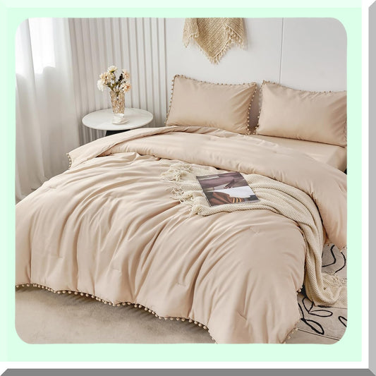 Boho Chic Pom Pom Fringe Comforter Set - Soft Queen Size Bedding with Sheets & Solid Bed in a Bag for Girls & Adults - Khaki Comforter Set