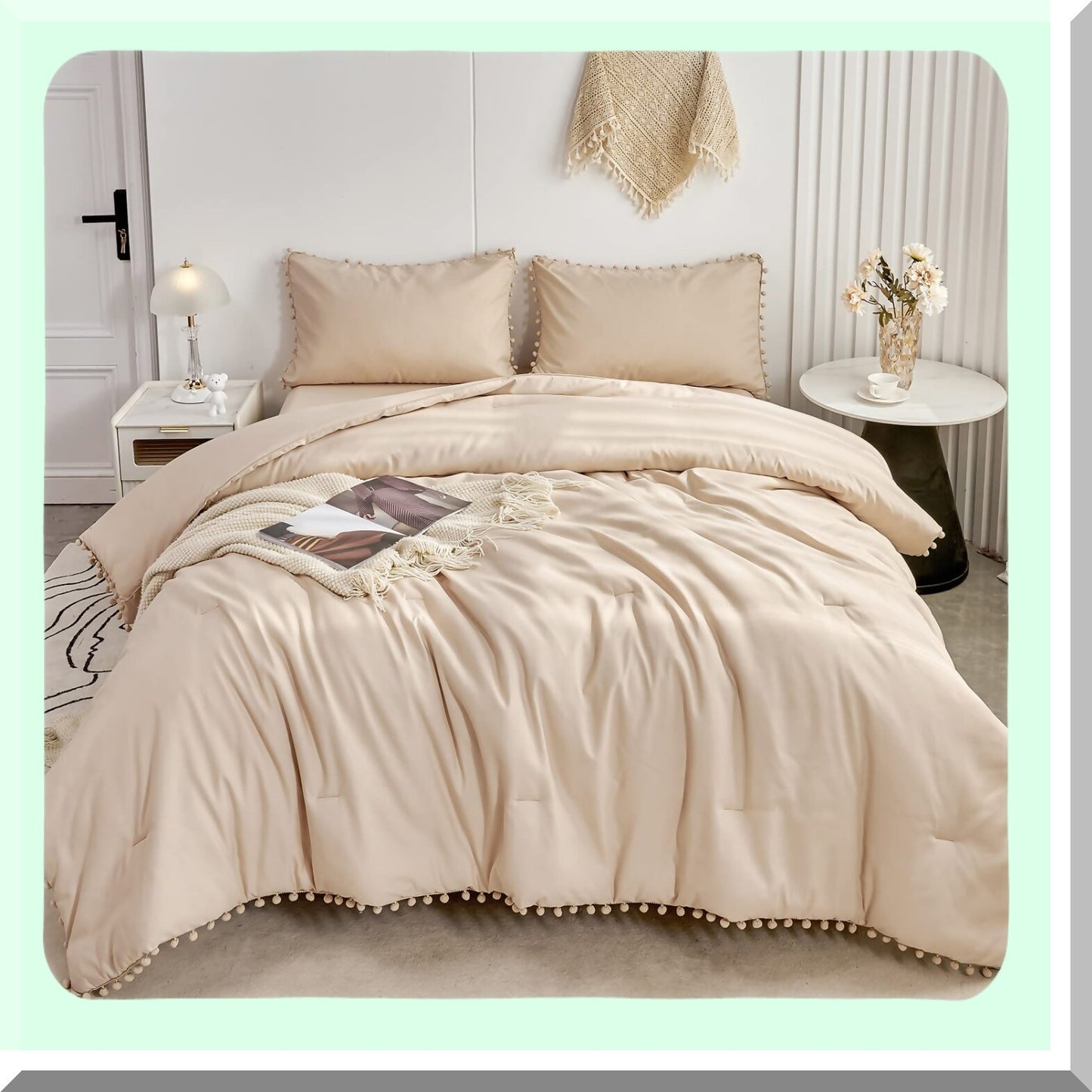 Boho Chic Pom Pom Fringe Comforter Set - Soft Queen Size Bedding with Sheets & Solid Bed in a Bag for Girls & Adults - Khaki Comforter Set