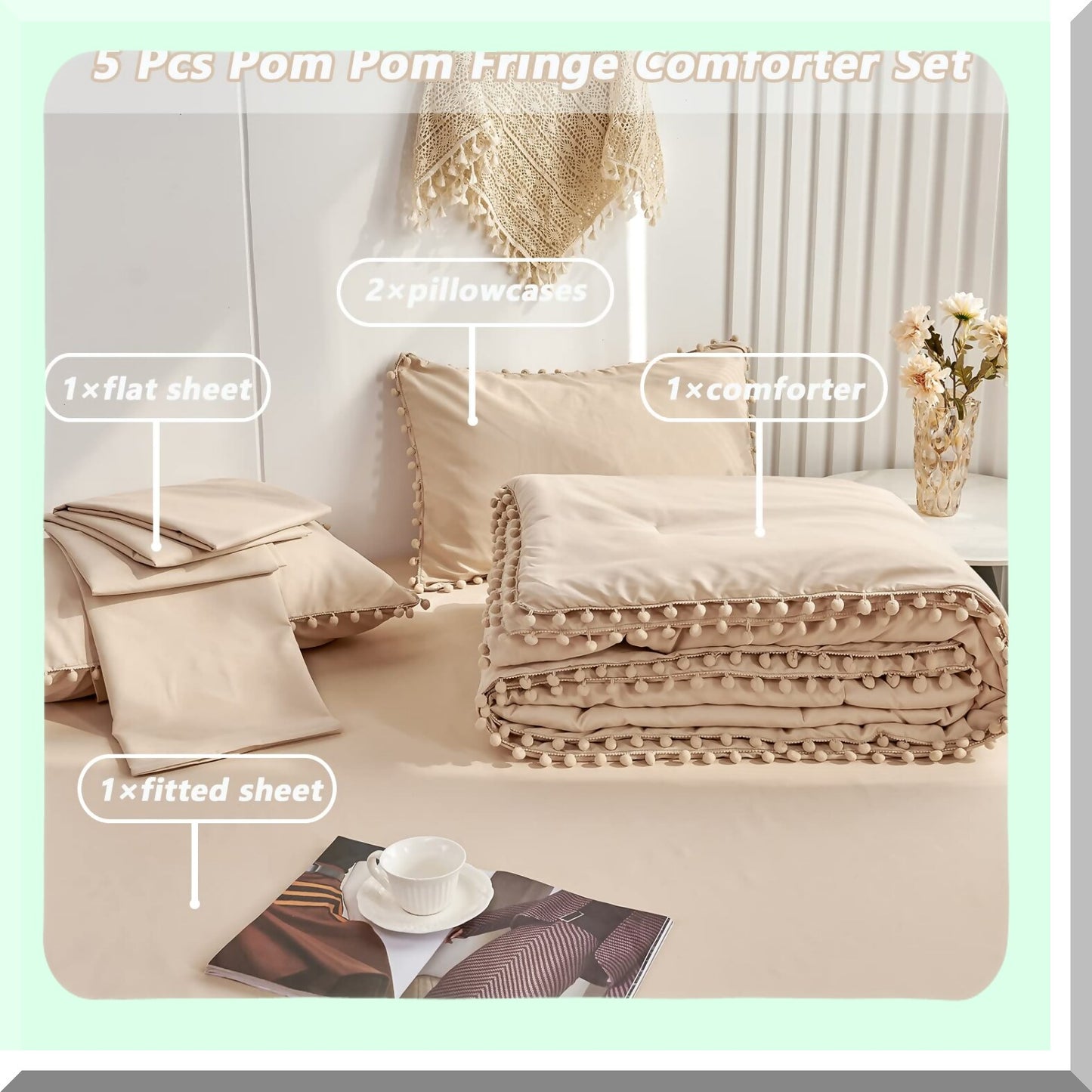 Boho Chic Pom Pom Fringe Comforter Set - Soft Queen Size Bedding with Sheets & Solid Bed in a Bag for Girls & Adults - Khaki Comforter Set