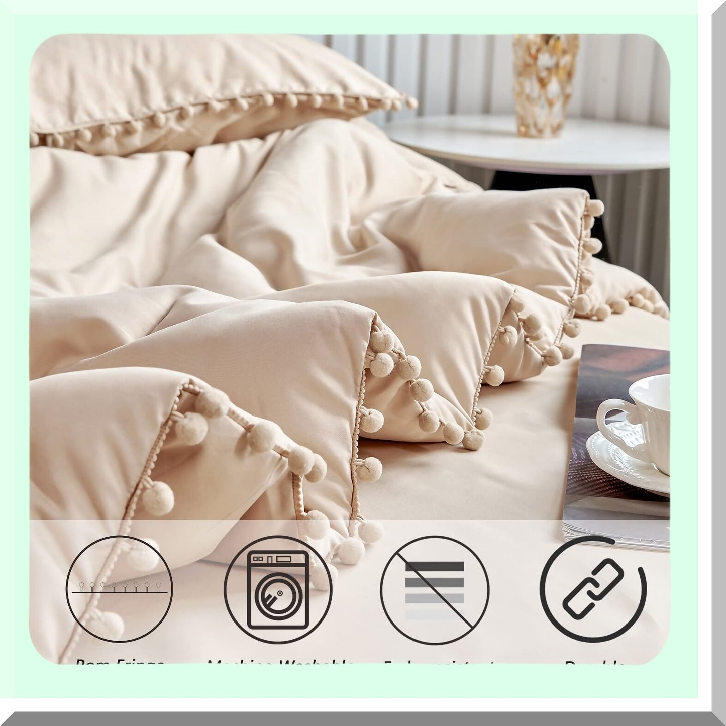 Boho Chic Pom Pom Fringe Comforter Set - Soft Queen Size Bedding with Sheets & Solid Bed in a Bag for Girls & Adults - Khaki Comforter Set