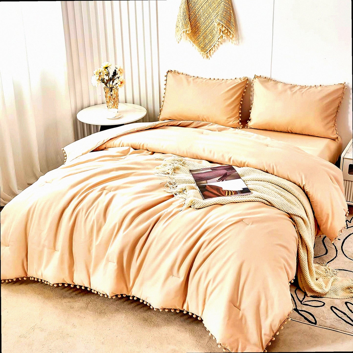 Boho Chic Pom Pom Fringe Comforter Set - Soft Queen Size Bedding with Sheets & Solid Bed in a Bag for Girls & Adults - Khaki Comforter Set