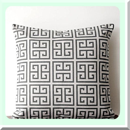 Geometric Key Vintage Square Linen Cotton Throw Pillow Cover - Indoor Outdoor Cushion Case 18"x18" Black - Tower Lattice Pattern
