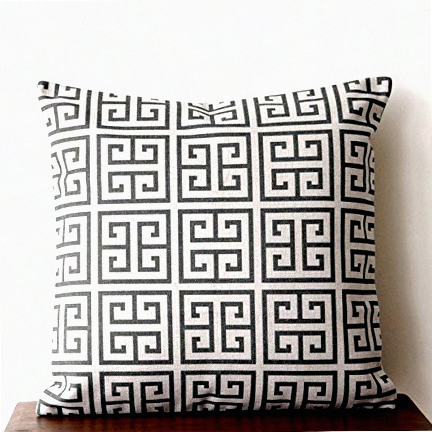 Geometric Key Vintage Square Linen Cotton Throw Pillow Cover - Indoor Outdoor Cushion Case 18"x18" Black - Tower Lattice Pattern