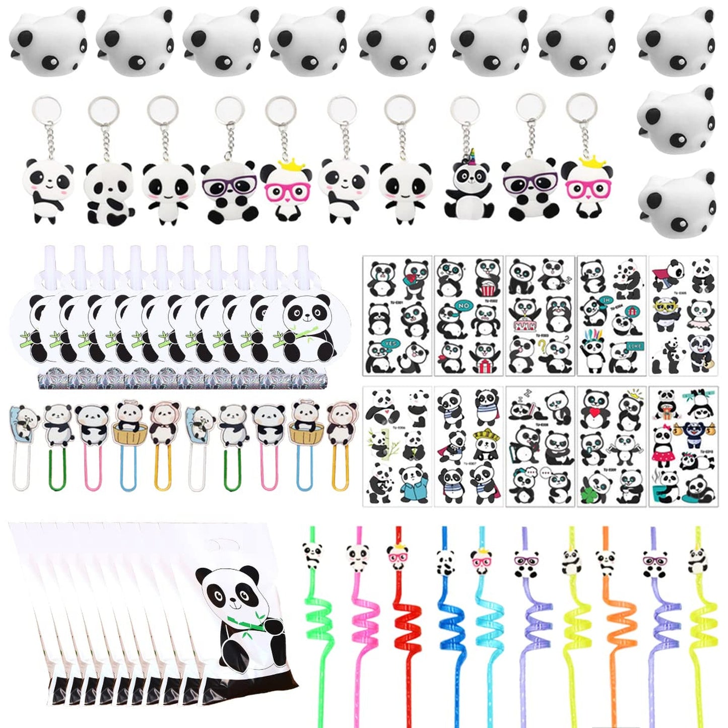 Panda Party Pack - Stickers, Keychains, Straws, Squishy Toys, Clips, Blowers - Birthday Baby Shower Supplies & School Rewards for Boys & Girls