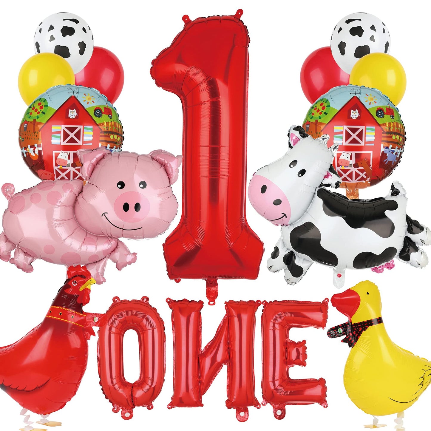 Farmyard Fun Balloon Set - Perfect for a 1st Birthday Party! Includes Cow, Pig, Duck, Rooster Balloons, Number 1 Balloon, and Letter Banner. 14 Pcs in Total.