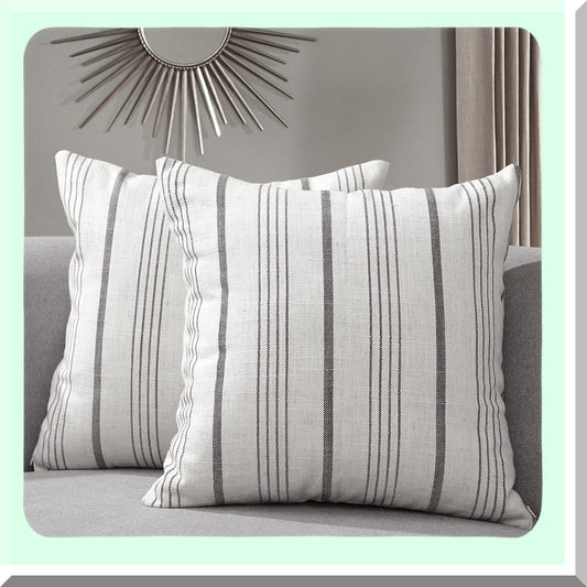 Farmhouse Stripe Linen Pillow Covers - Set of 2 Cream/Off-White Charcoal Square Cushion Cases - 18" x 18" Decorative Throw Pillowcases
