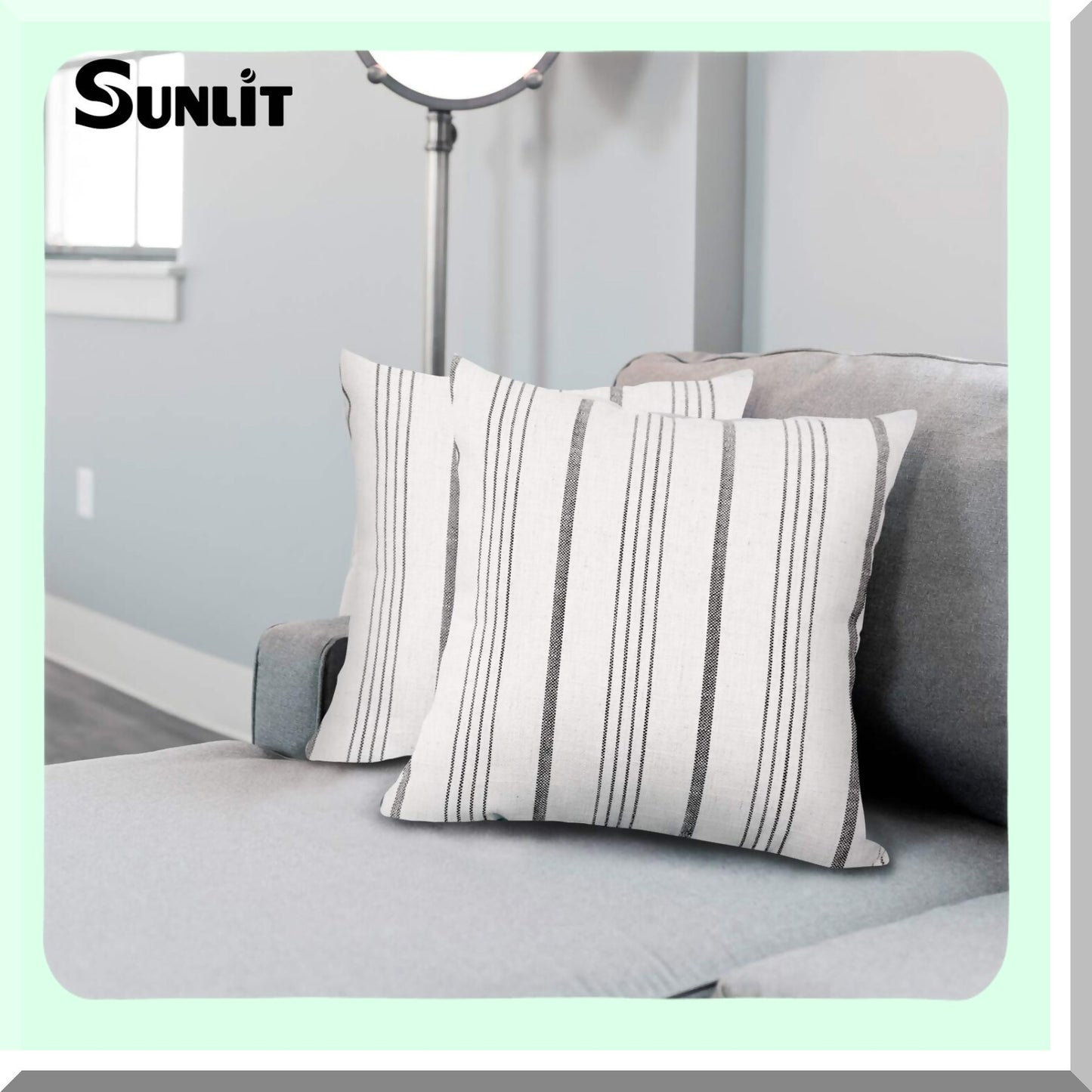 Farmhouse Stripe Linen Pillow Covers - Set of 2 Cream/Off-White Charcoal Square Cushion Cases - 18" x 18" Decorative Throw Pillowcases