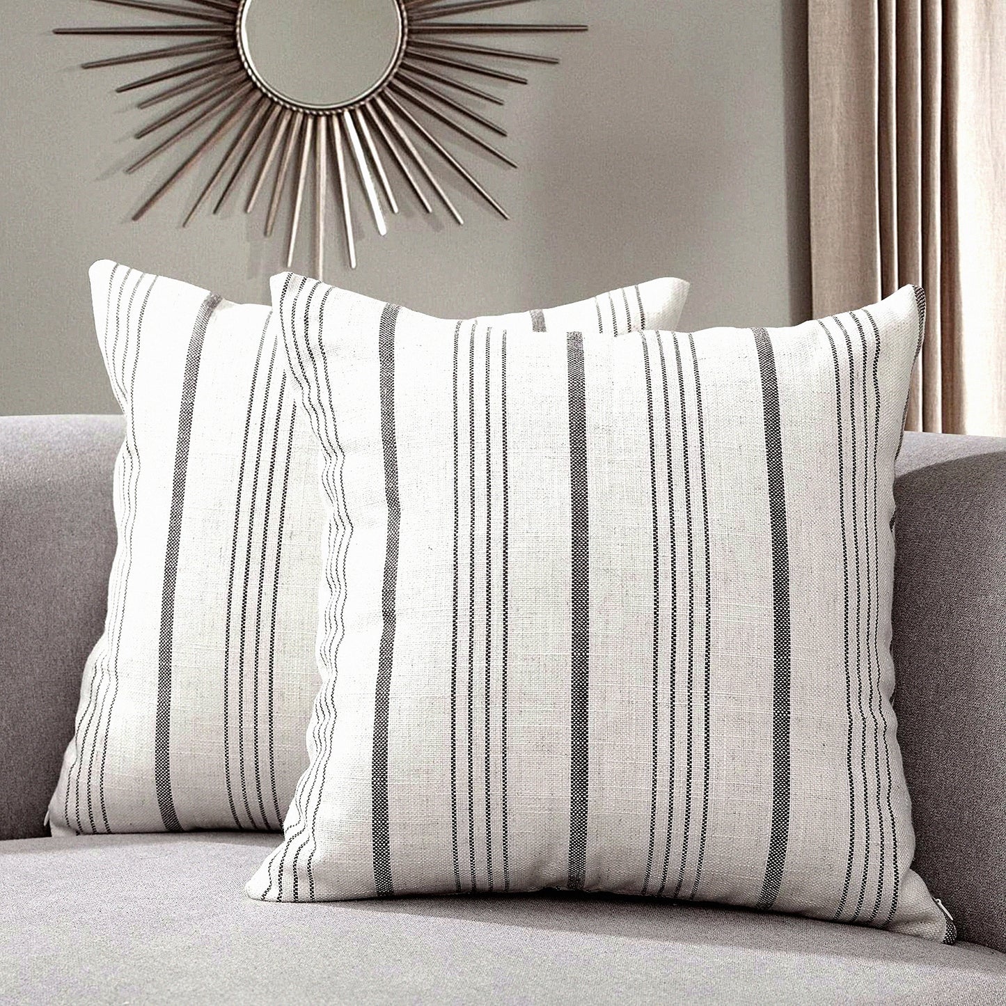 Farmhouse Stripe Linen Pillow Covers - Set of 2 Cream/Off-White Charcoal Square Cushion Cases - 18" x 18" Decorative Throw Pillowcases