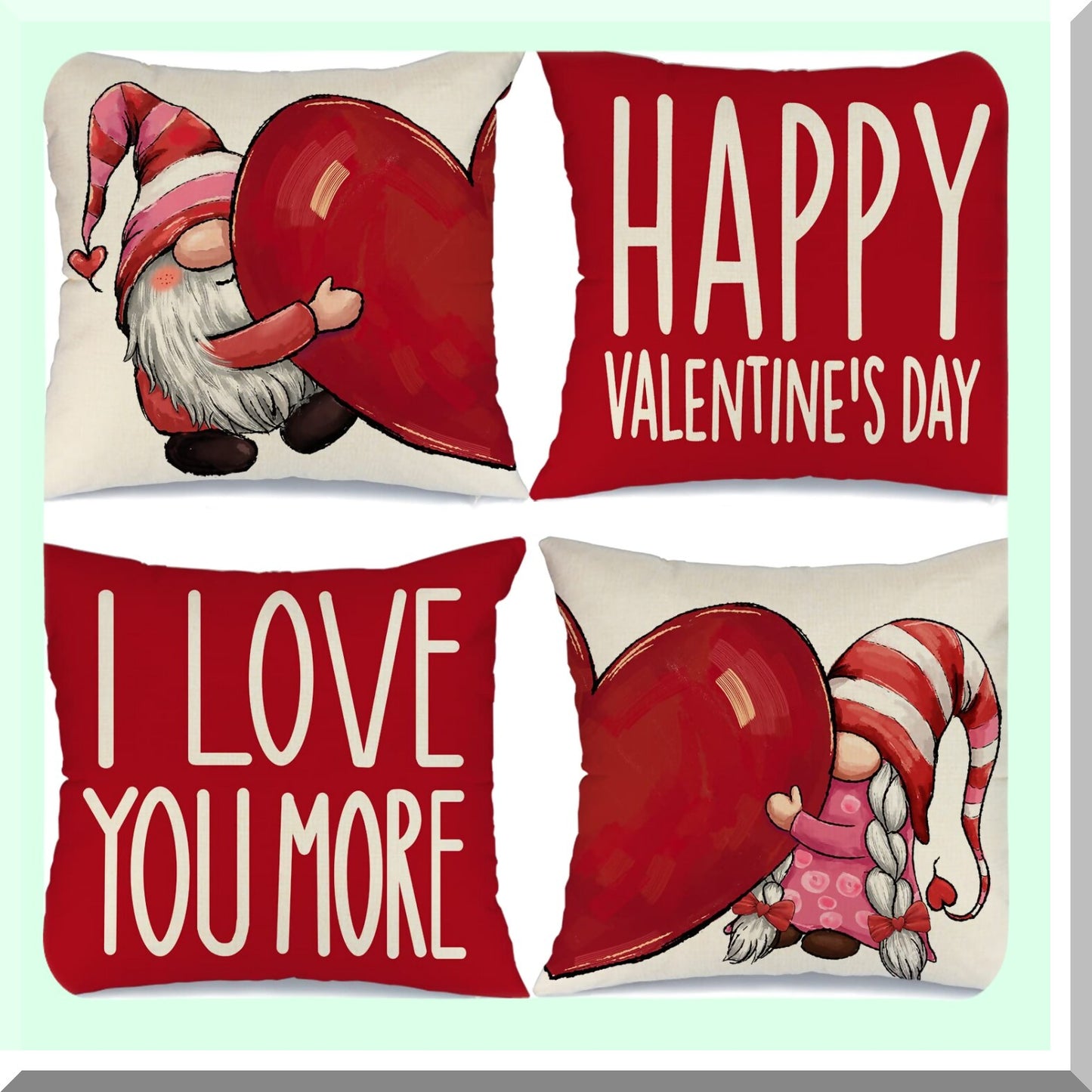 Love Gnomes Heart Pillow Covers - Set of 4 18x18 Decorative Throw Pillows for Valentines Day Decorations - Happy Home Decor