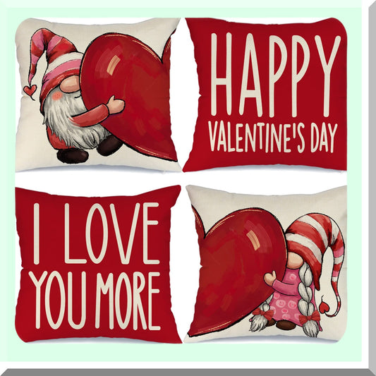 Love Gnomes Heart Pillow Covers - Set of 4 18x18 Decorative Throw Pillows for Valentines Day Decorations - Happy Home Decor