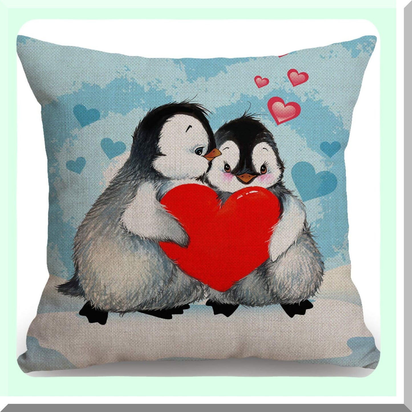 Penguin Love Decorative Pillow Cover - Cute Animal Print Cushion Case for Sofa - Red Heart Design - 18x18 Inches Cotton Linen - Couch Accent