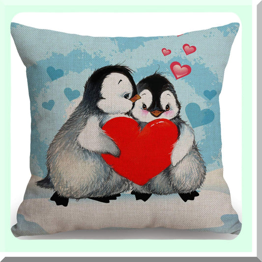 Penguin Love Decorative Pillow Cover - Cute Animal Print Cushion Case for Sofa - Red Heart Design - 18x18 Inches Cotton Linen - Couch Accent
