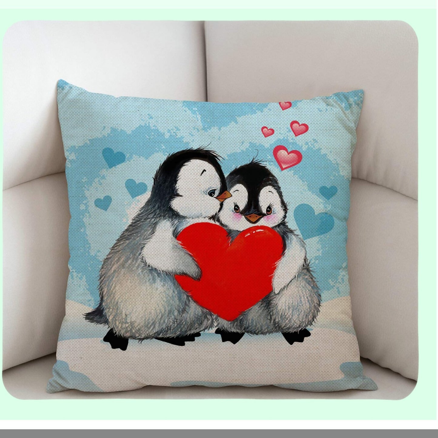 Penguin Love Decorative Pillow Cover - Cute Animal Print Cushion Case for Sofa - Red Heart Design - 18x18 Inches Cotton Linen - Couch Accent