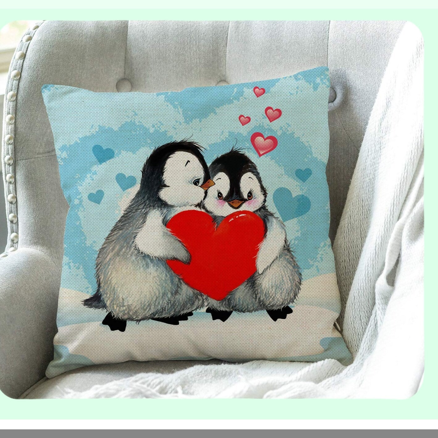 Penguin Love Decorative Pillow Cover - Cute Animal Print Cushion Case for Sofa - Red Heart Design - 18x18 Inches Cotton Linen - Couch Accent