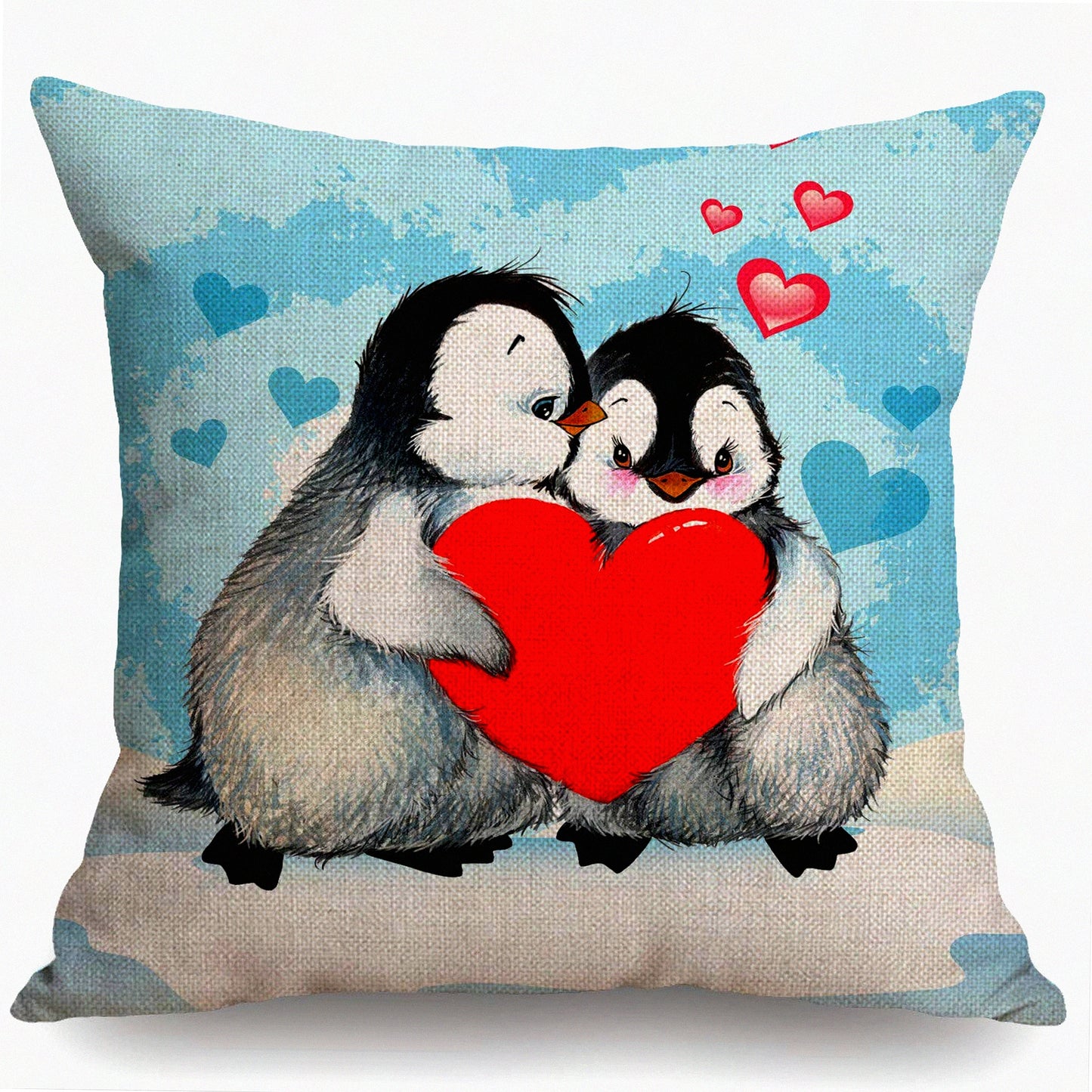 Penguin Love Decorative Pillow Cover - Cute Animal Print Cushion Case for Sofa - Red Heart Design - 18x18 Inches Cotton Linen - Couch Accent