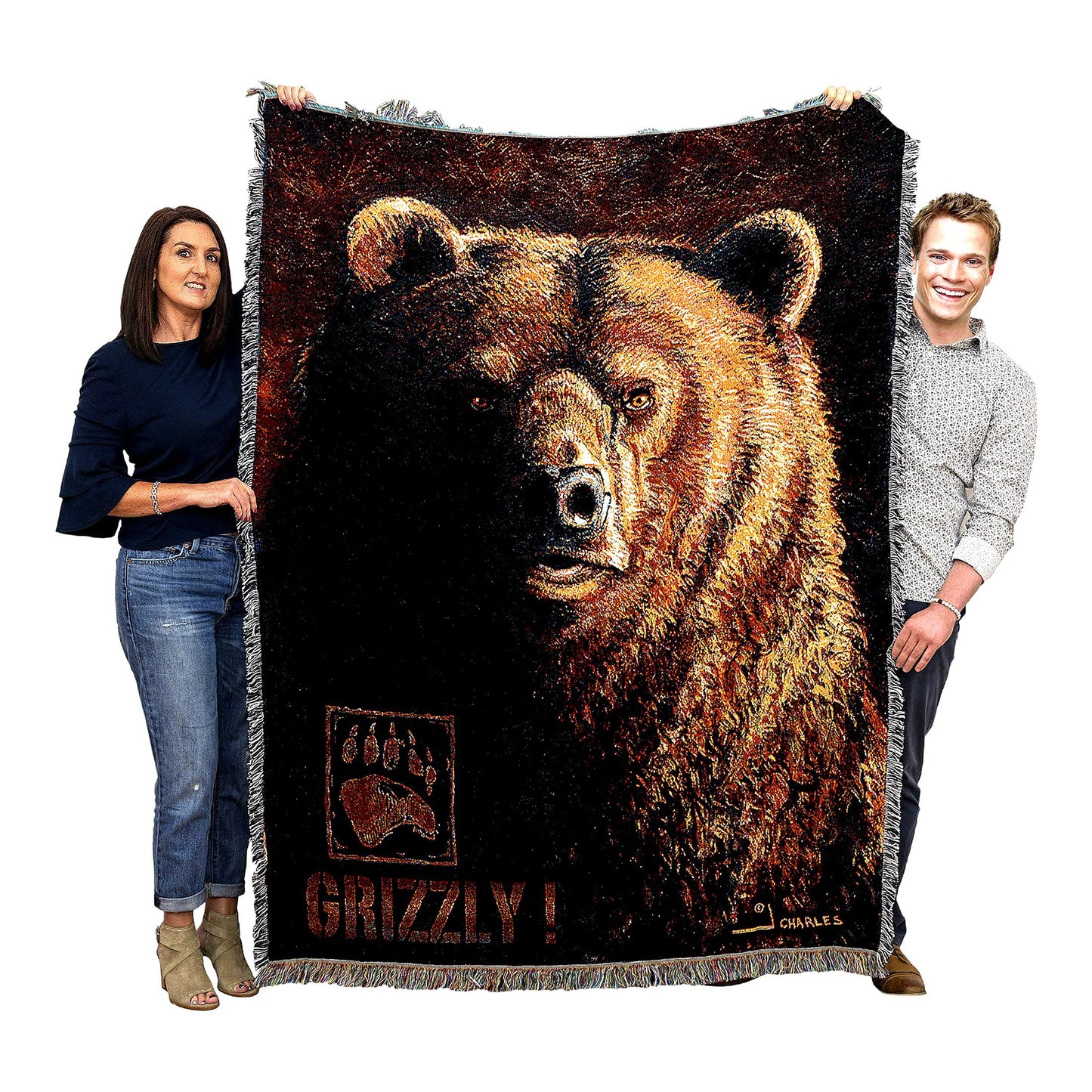Wildlife Lodge Grizzly Bear Cotton Tapestry Throw - Cozy Cabin Blanket 72x54
