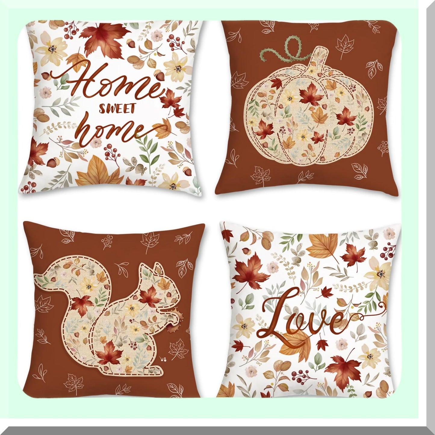 Autumn Bliss Pillow Covers - Set of 4 18x18 Inch Velvet Cushion Cases with Leaves, Squirrel, and Pumpkin Decorations for Couch and Sofa Home Decor